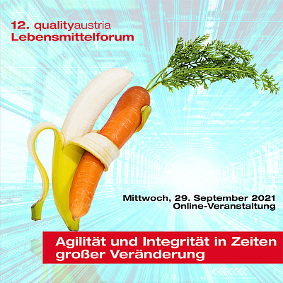 Sujet Quality Austria Lebensmittelforum 2021, eine Banane hält eine Karotte im Arm